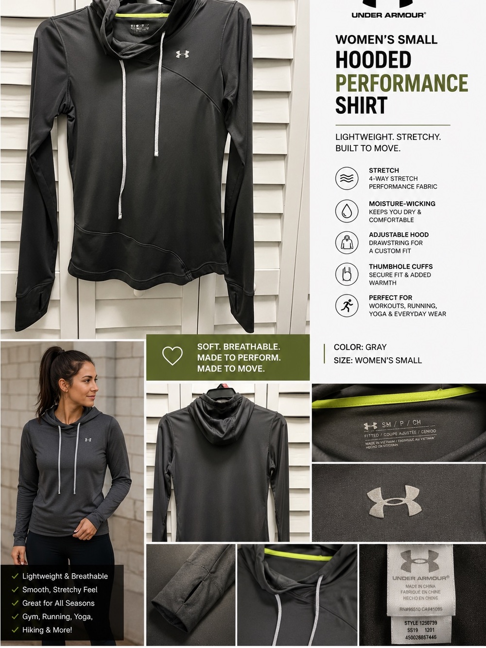 Under Armour Hoodie Women’s Small Gray Y2K Athleisure Stretch Activewear Gym